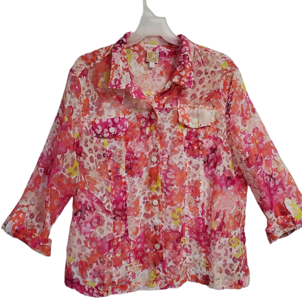JM Collection Vibrant Pink and Orange Button-Up Light Jacket Size 18